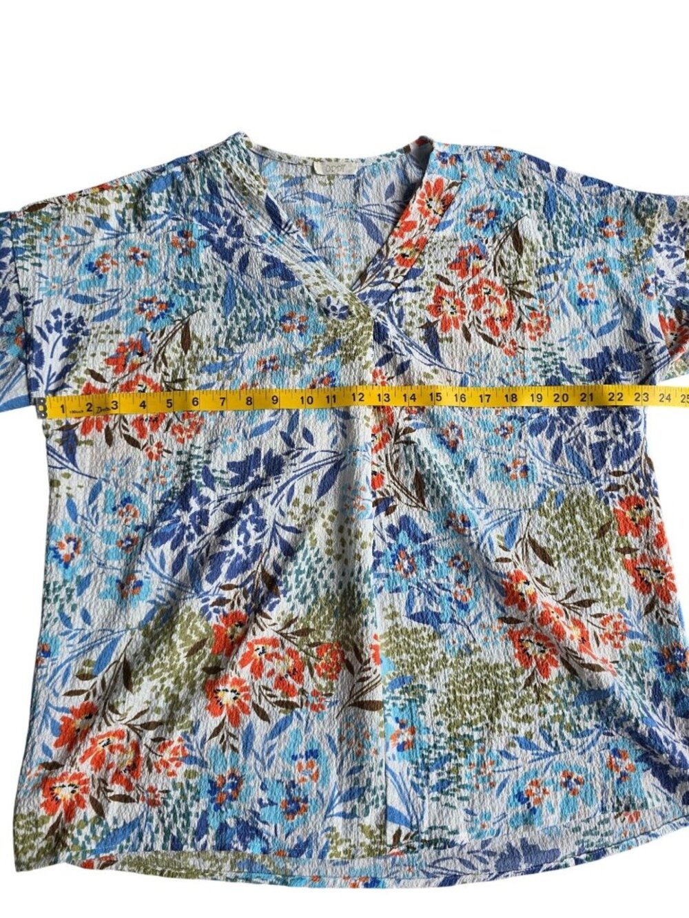 Oddi Women V-Neck Short Sleeve Floral Top Blue Multicolor Lightweight Textured L - Picture 4 of 5